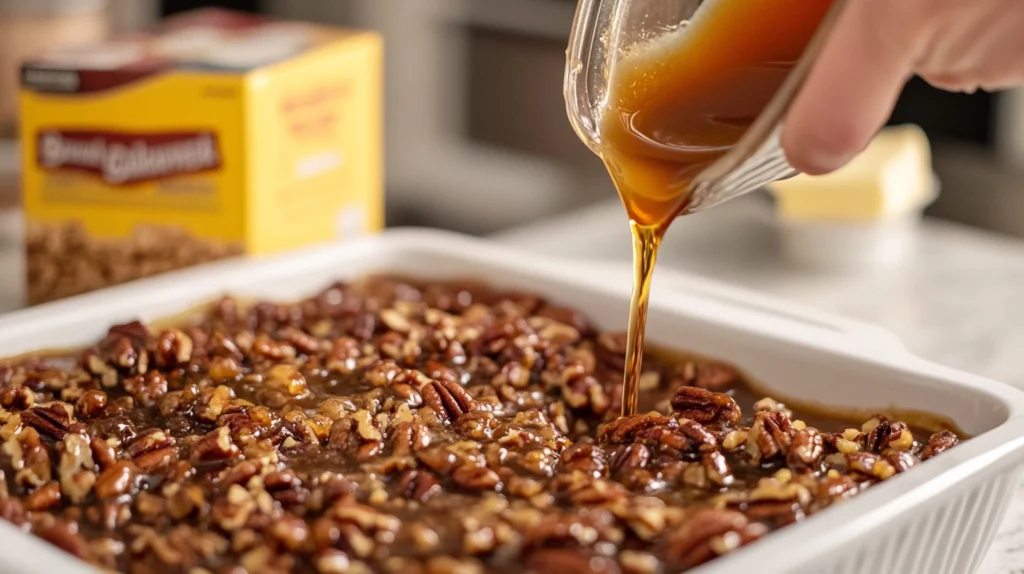 Baker pouring a gooey pecan pie filling into a greased baking dish, preparing the Pecan Pie Dump Cake