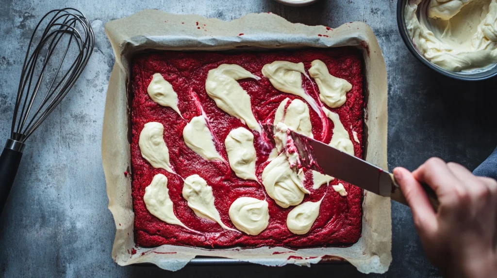 A baking pan filled with red velvet brownie batter, with dollops of cream cheese filling being swirled into a marbled pattern.