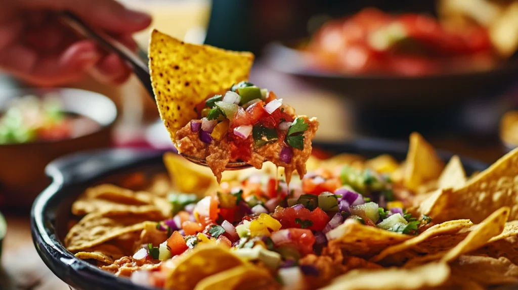  A crispy tortilla chip scooping up creamy 7-layer taco dip, showing all layers in a vibrant serving dish.