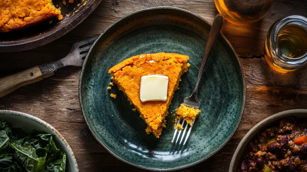  A slice of sweet potato cornbread with melting butter and honey, served with chili and collard greens.