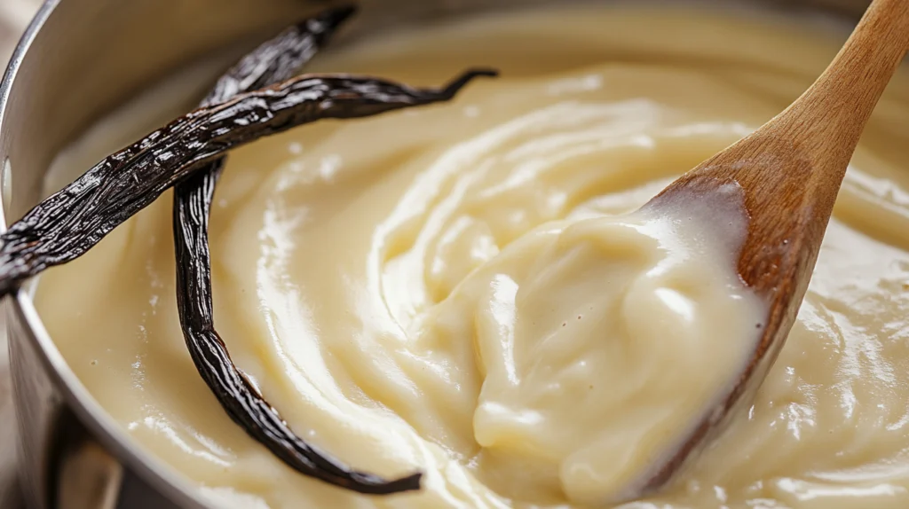 A rich, creamy vanilla custard being stirred in a saucepan for the perfect creme brulee donut filling.