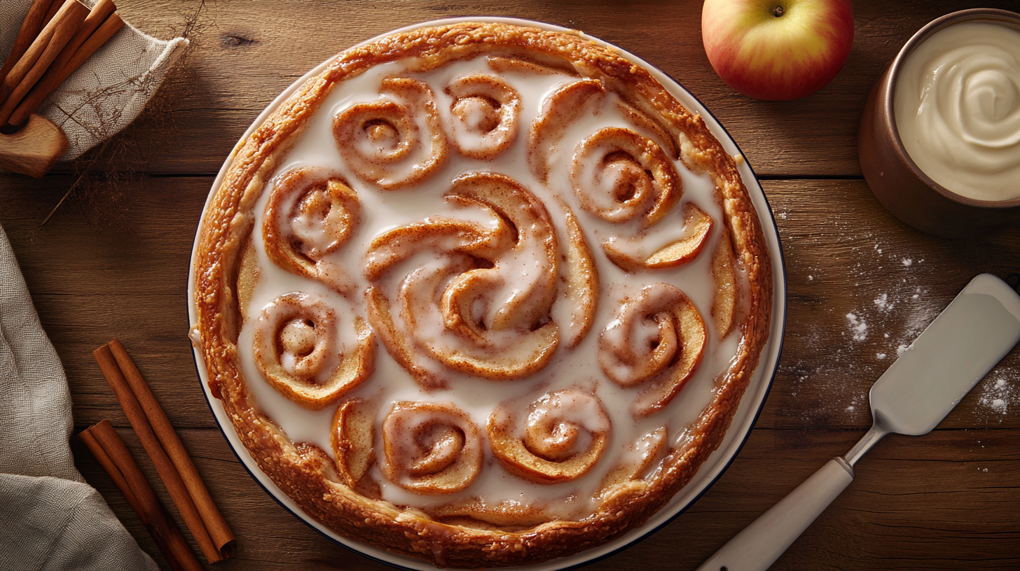 Freshly baked cinnamon roll apple pie with golden crust and vanilla glaze