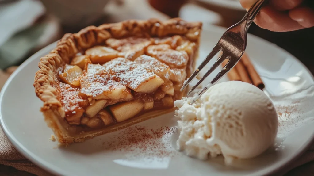 A warm slice of mock apple pie served with melting vanilla ice cream on a white plate.