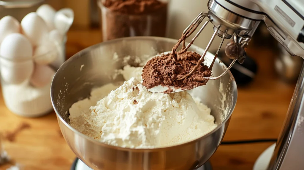 A stand mixer whipping egg whites and sugar into stiff peaks for red velvet macarons, with sifted dry ingredients nearby.