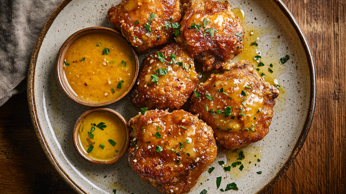 Crispy garlic butter chicken thighs on a rustic plate, drizzled with melted butter and garnished with fresh parsley.