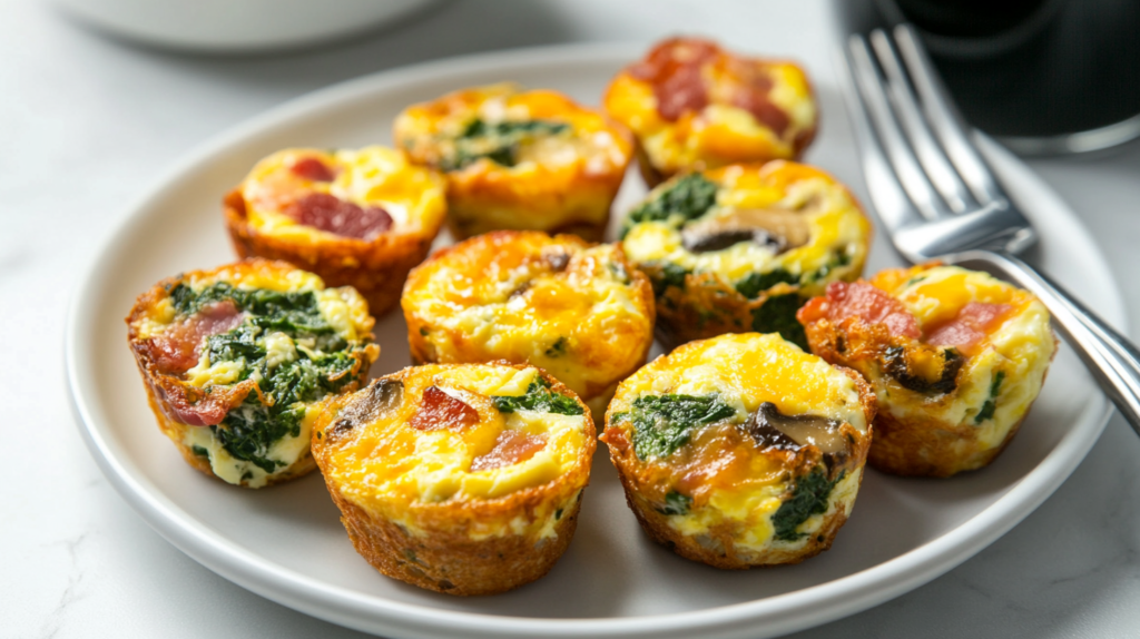 A plate with different flavors of egg bites, including spinach & feta, bacon & cheddar, and mushroom & Swiss, served with coffee.