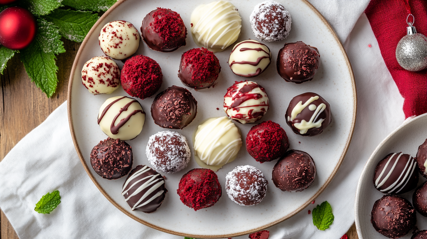 Delicious red velvet truffles coated in white and dark chocolate with a glossy finish.