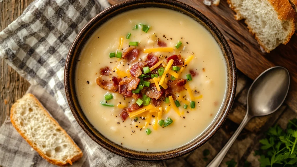 Hearty bowl of creamy Cajun potato soup topped with bacon, cheese, and green onions.