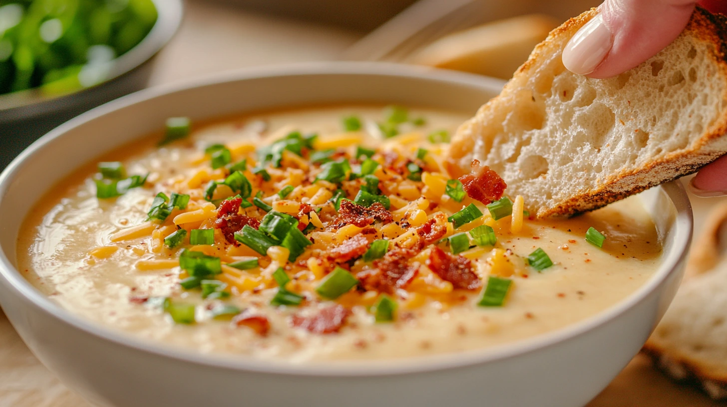 A bowl of creamy Cajun potato soup being garnished with crispy bacon, green onions, and cheddar cheese.