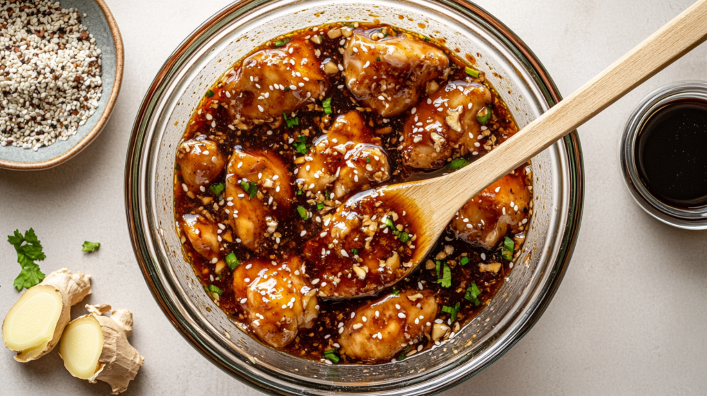 Chicken thighs marinating in a soy sauce, garlic, and brown sugar mixture with fresh ginger and minced garlic on the side.