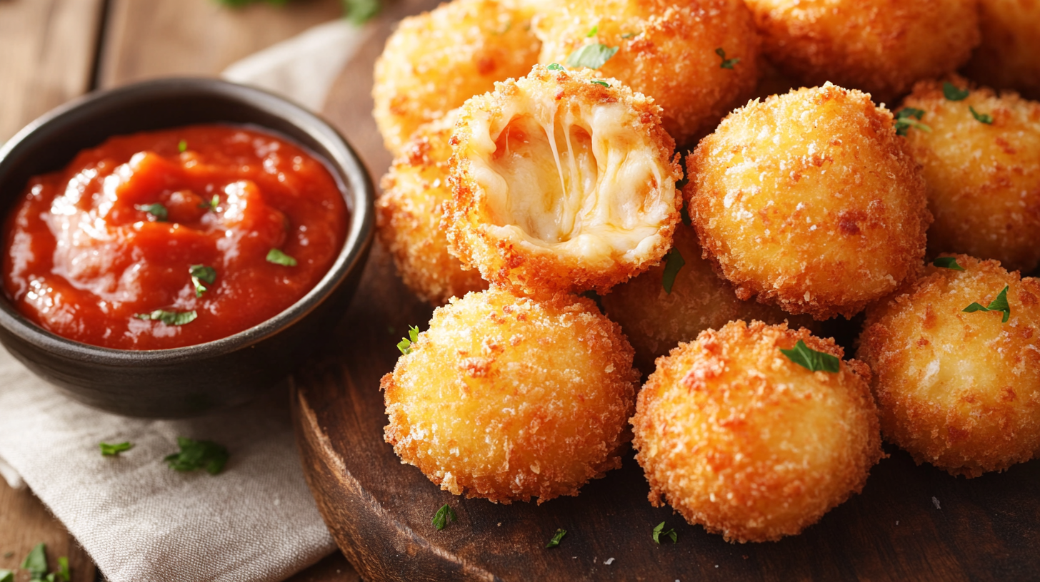 Golden crispy cheesy bites with gooey melted cheese and marinara sauce on a rustic wooden plate