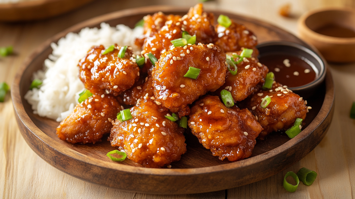 Crispy Hawaiian garlic chicken drizzled with garlic soy sauce, garnished with green onions and sesame seeds, served with rice.