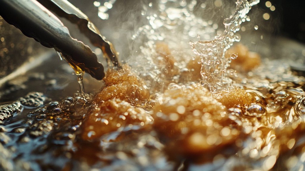 Golden-brown Hawaiian garlic chicken frying in hot oil, with bubbles surrounding the crispy coating.