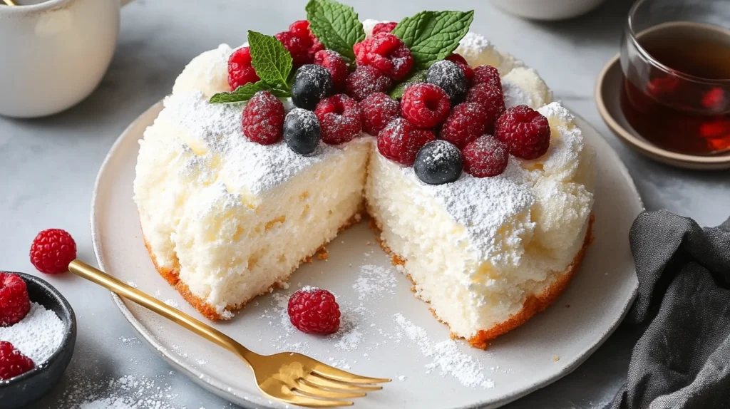 Served slices of yogurt cloud cake with berries and mint