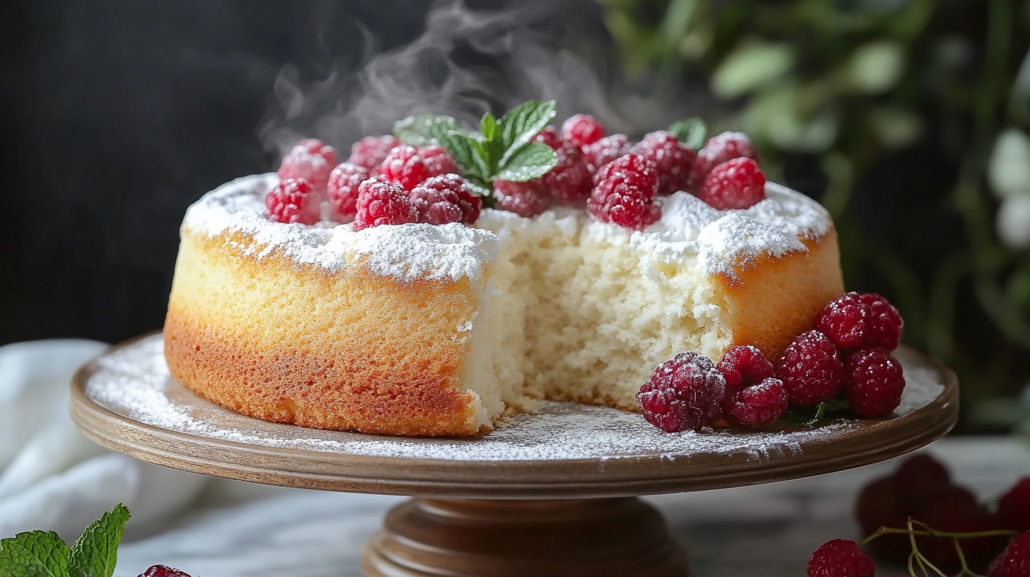Light & Fluffy Yogurt Cloud Cake on marble countertop with Raspberries