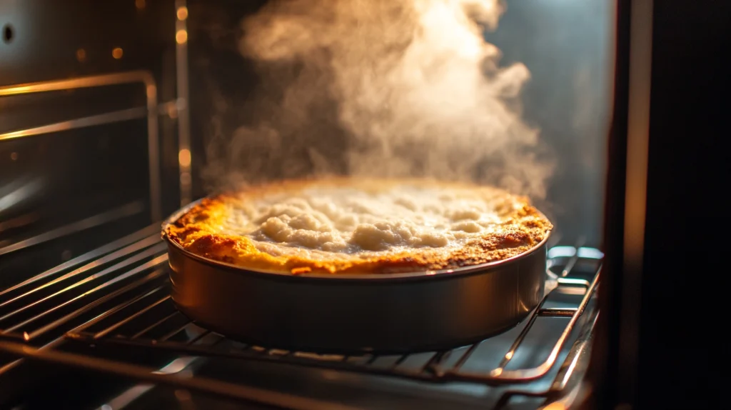 Yogurt Cloud Cake baking in a water bath for soft texture
