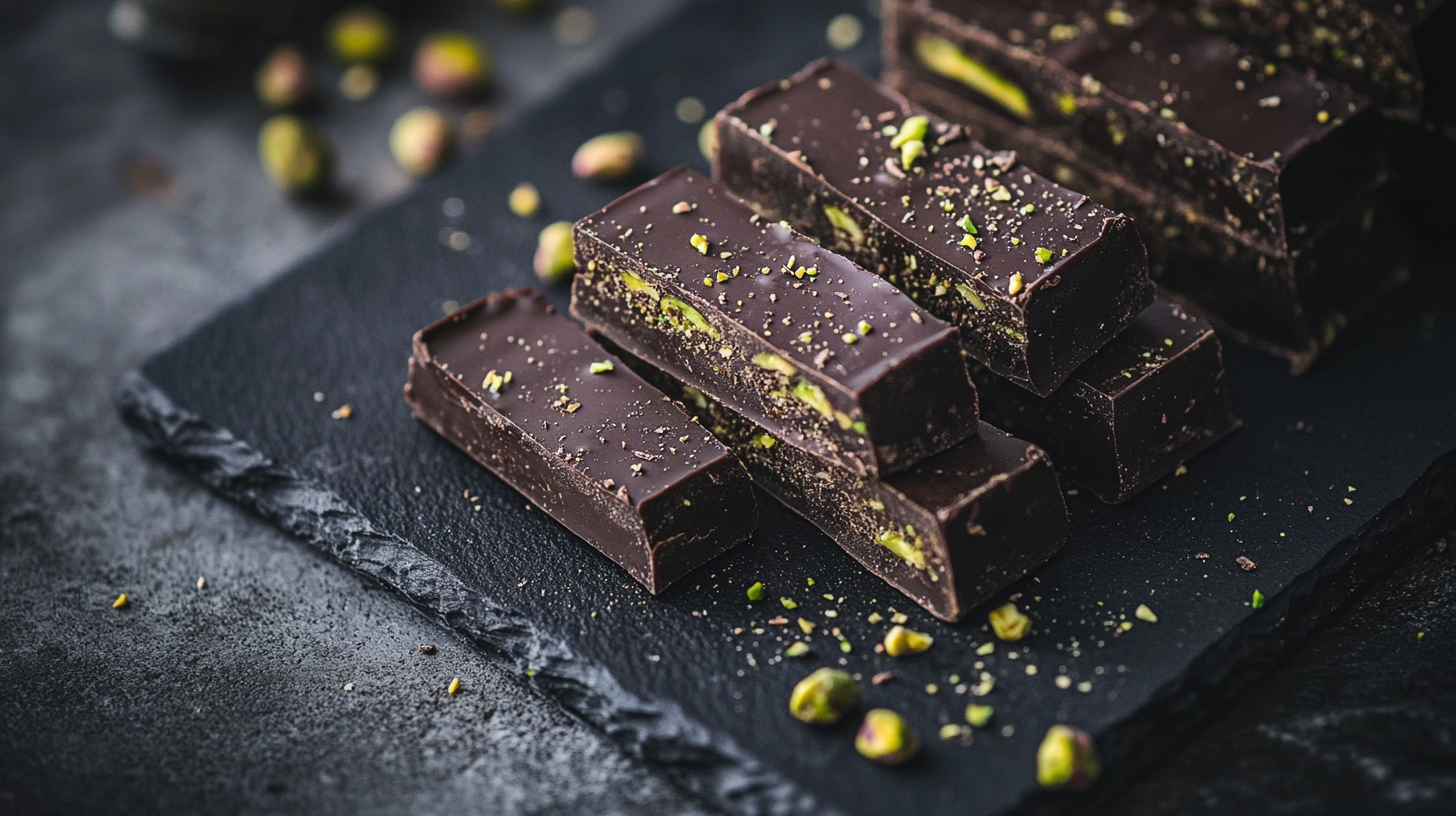 Rich and crunchy homemade chocolate and pistachio bars, broken into pieces on a wooden board