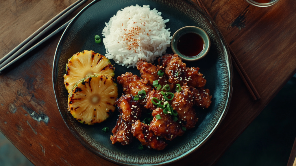 Plated crispy Hawaiian garlic chicken with garlic soy sauce, rice, and a grilled pineapple slice, garnished with green onions.