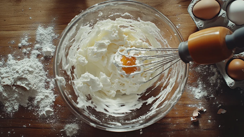 Whipping egg whites to stiff peaks for yogurt cloud cake