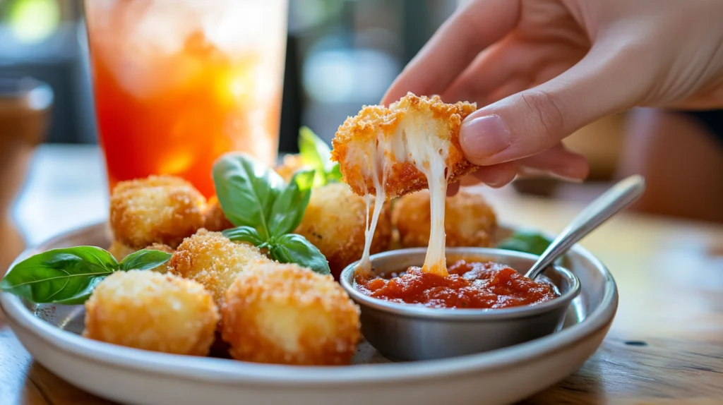 A crispy cheesy bite being dipped into rich marinara sauce, showcasing a perfect cheese pull.