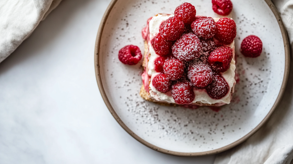 Raspberry tiramisu with layers of mascarpone, ladyfingers, and fresh raspberries