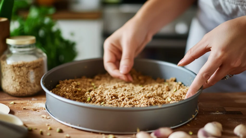 Preparing pistachio crust for Pistachio and Cherry Cheesecake