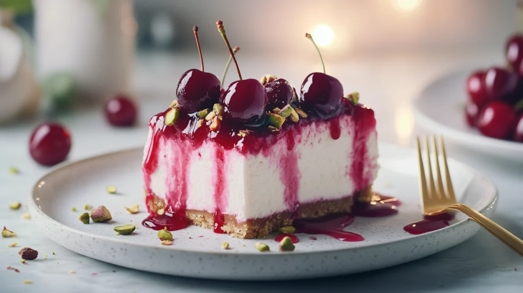 Plated slice of Pistachio and Cherry Cheesecake with cherry topping