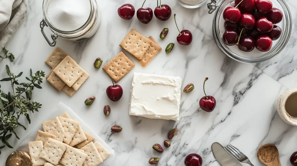 Fresh ingredients for making Pistachio and Cherry Cheesecake