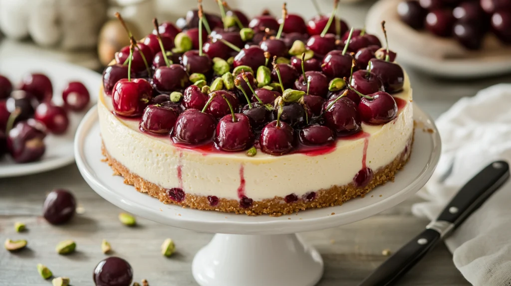 Pistachio and Cherry Cheesecake topped with juicy cherries and crushed pistachios
