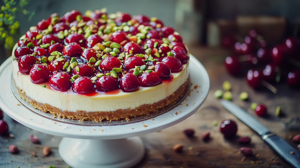 Pistachio and Cherry Cheesecake topped with juicy cherries and crushed pistachios