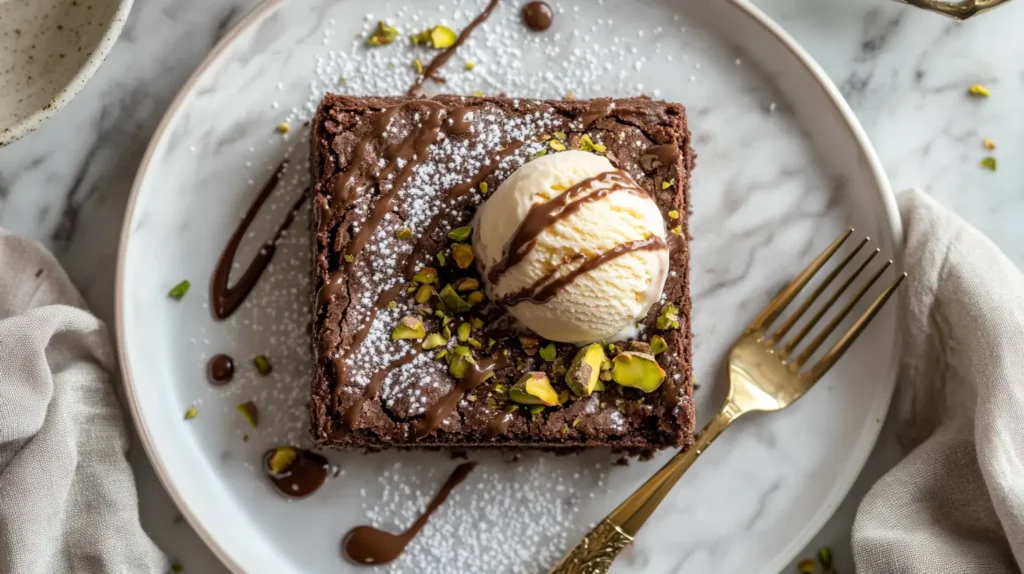 Served Pistachio Ferrero Rocher Brownie with ice cream and toppings