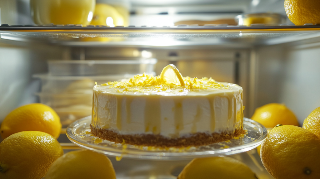 No-bake lemon cheesecake chilling in fridge in a springform pan