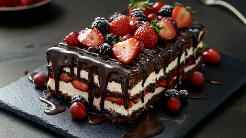 Chocolate strawberry icebox cake variation with ganache and berries