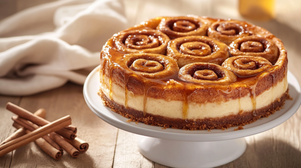 Full Cinnamon Roll Honeybun Cheesecake with honey glaze on a white stand