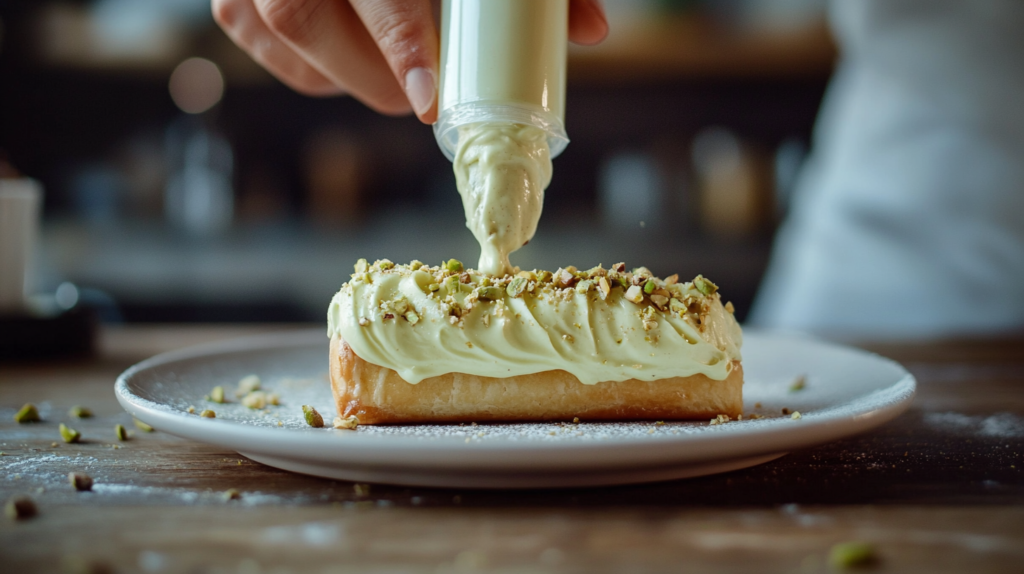  Piping creamy pistachio filling into a New York roll