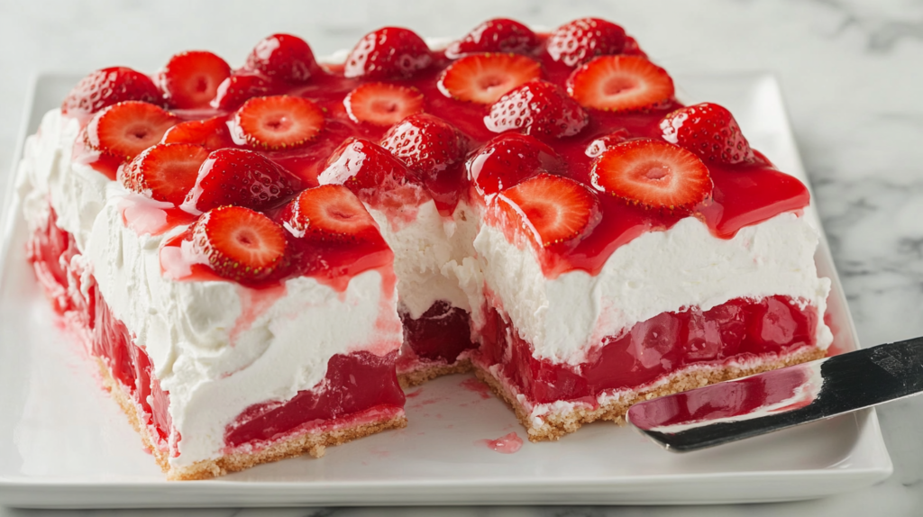 Jell-O poke cake topped with whipped cream and strawberries