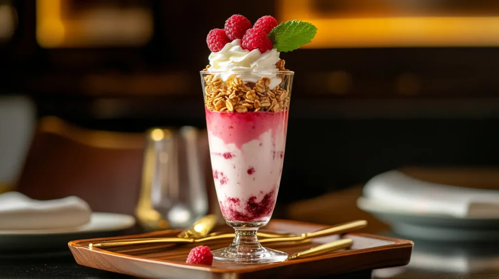 Raspberry ice cream parfait with granola and whipped cream