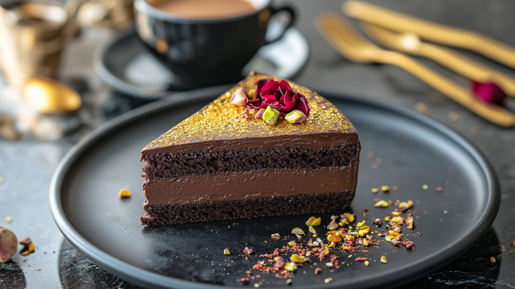 Decadent Dubai Chocolate Cake with Gold and Saffron Garnish