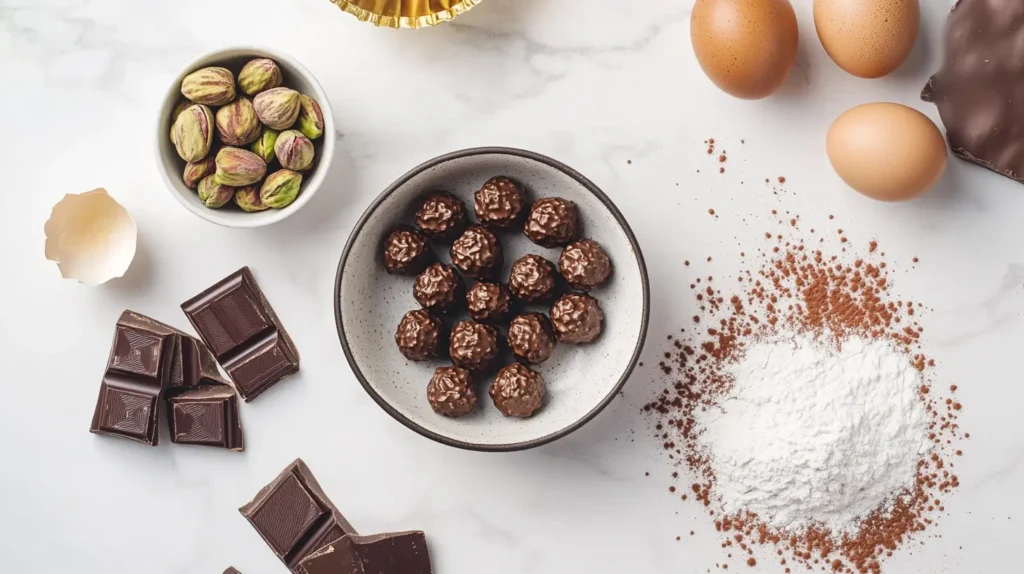 Ingredients for Pistachio Ferrero Rocher Brownies laid out on marble