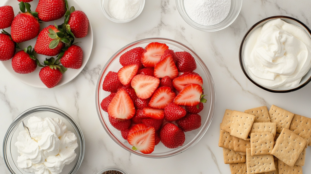 Ingredients for Strawberry Icebox Cake including strawberries, whipped cream, and graham crackers