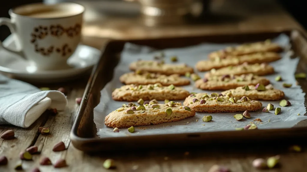 Fresh homemade pistachio biscotti on baking tray
