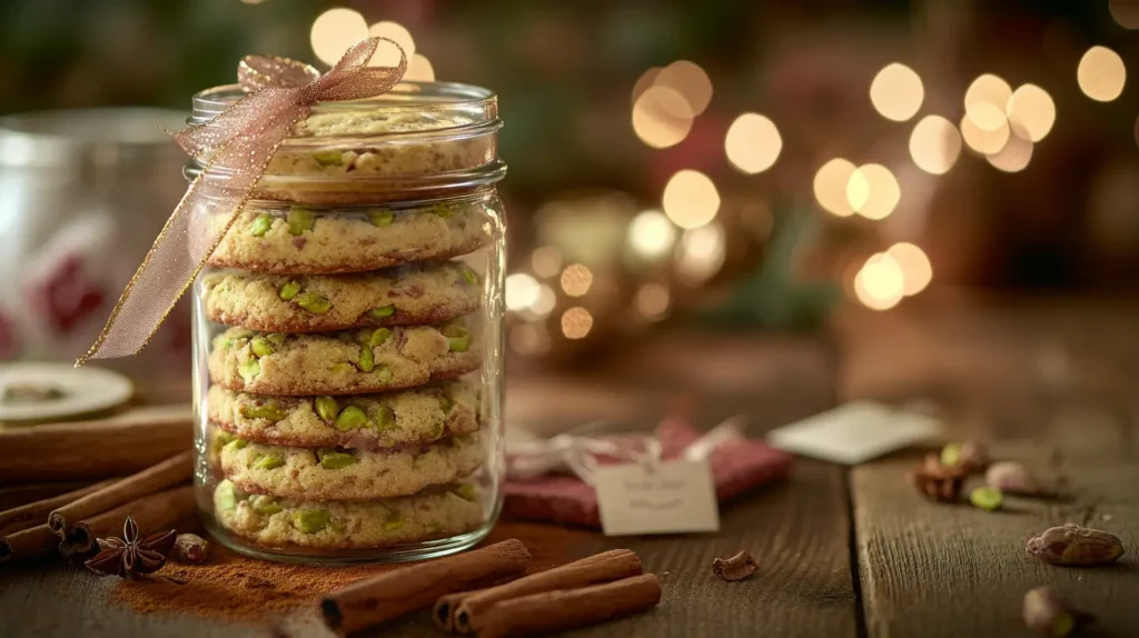 Gift-wrapped jar of pistachio biscotti