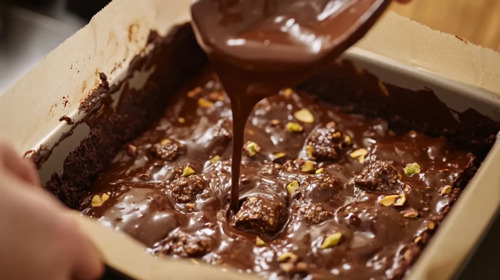Pouring Pistachio Ferrero Rocher Brownie batter into a baking pan