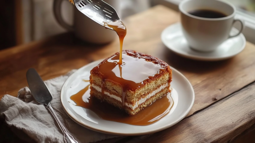 Gooey coffee caramel cake with hot caramel drizzle and espresso on rustic plate