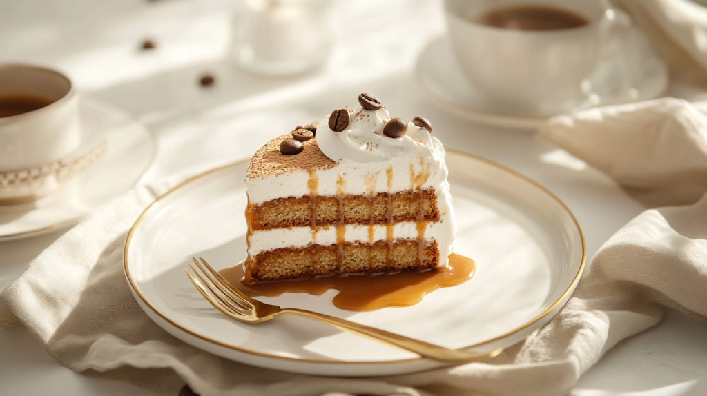 Served slice of gooey coffee caramel cake with caramel and whipped cream
