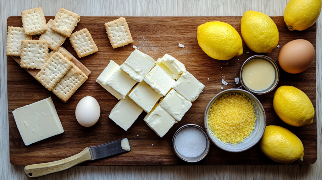 Lemon cheesecake ingredients including cream cheese, lemons, sugar, and eggs