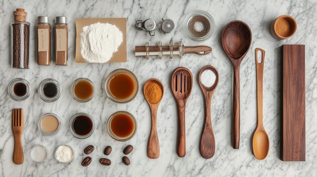 Flat lay of ingredients for gooey coffee caramel cake on a marble counter