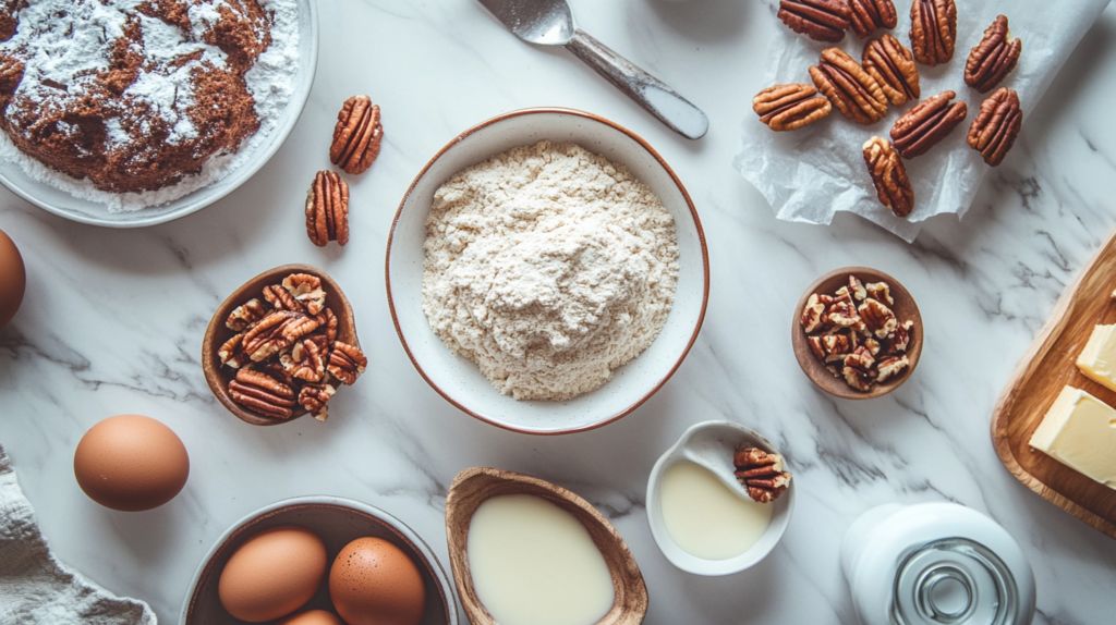Southern Pecan Caramel Cake ingredients laid out for baking preparation