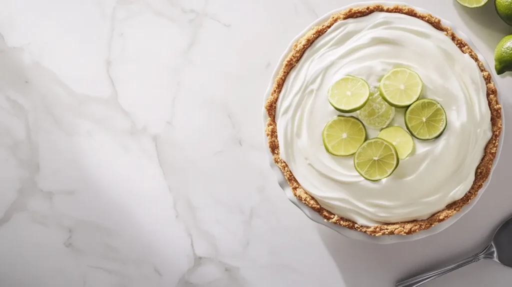 Overhead shot of Key Lime Pie with whipped cream and lime slices on a ceramic stand