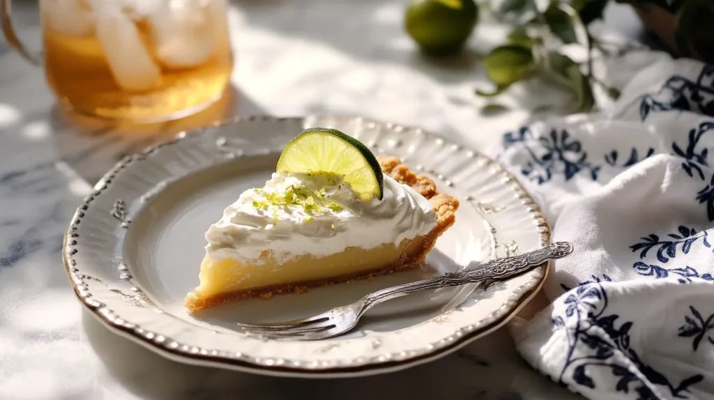 Slice of Key Lime Pie on a dessert plate with whipped cream and lime garnish